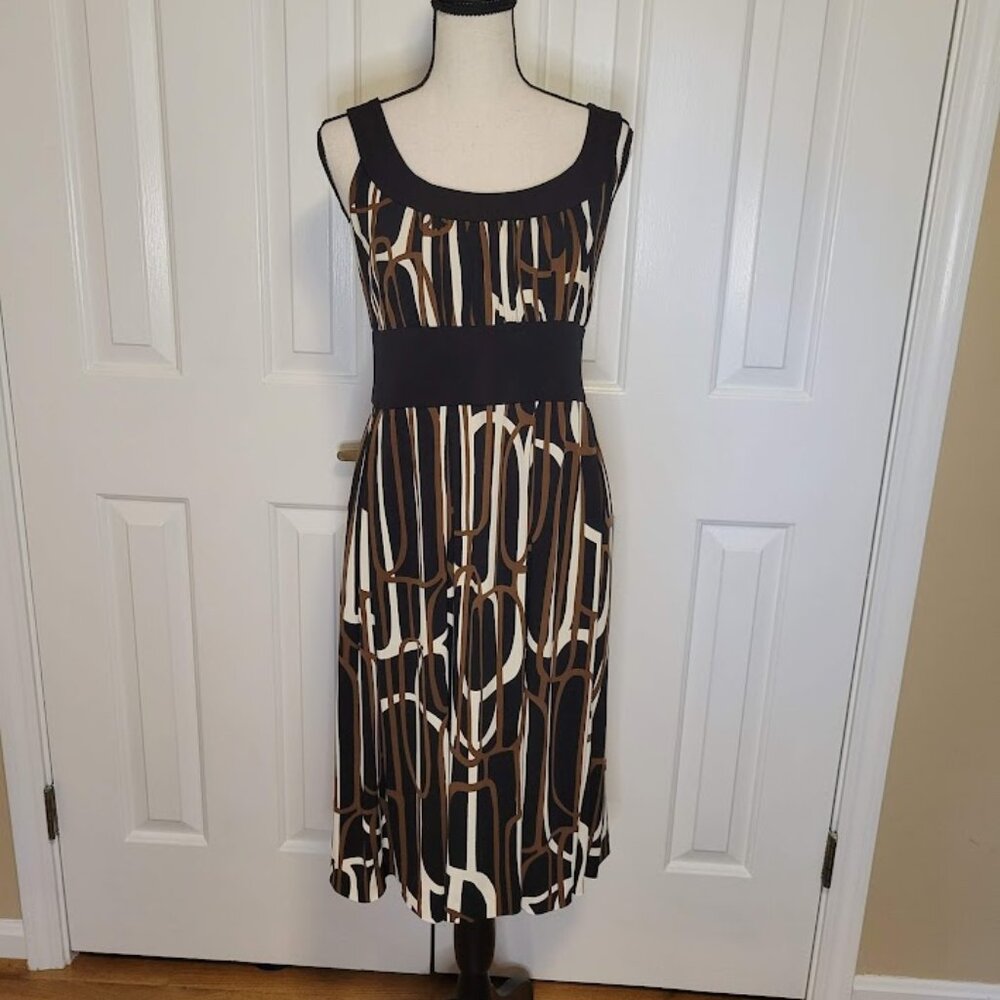 Max and Cleo Black Brown & Cream Geometric Print Sleeveless Dress Size L